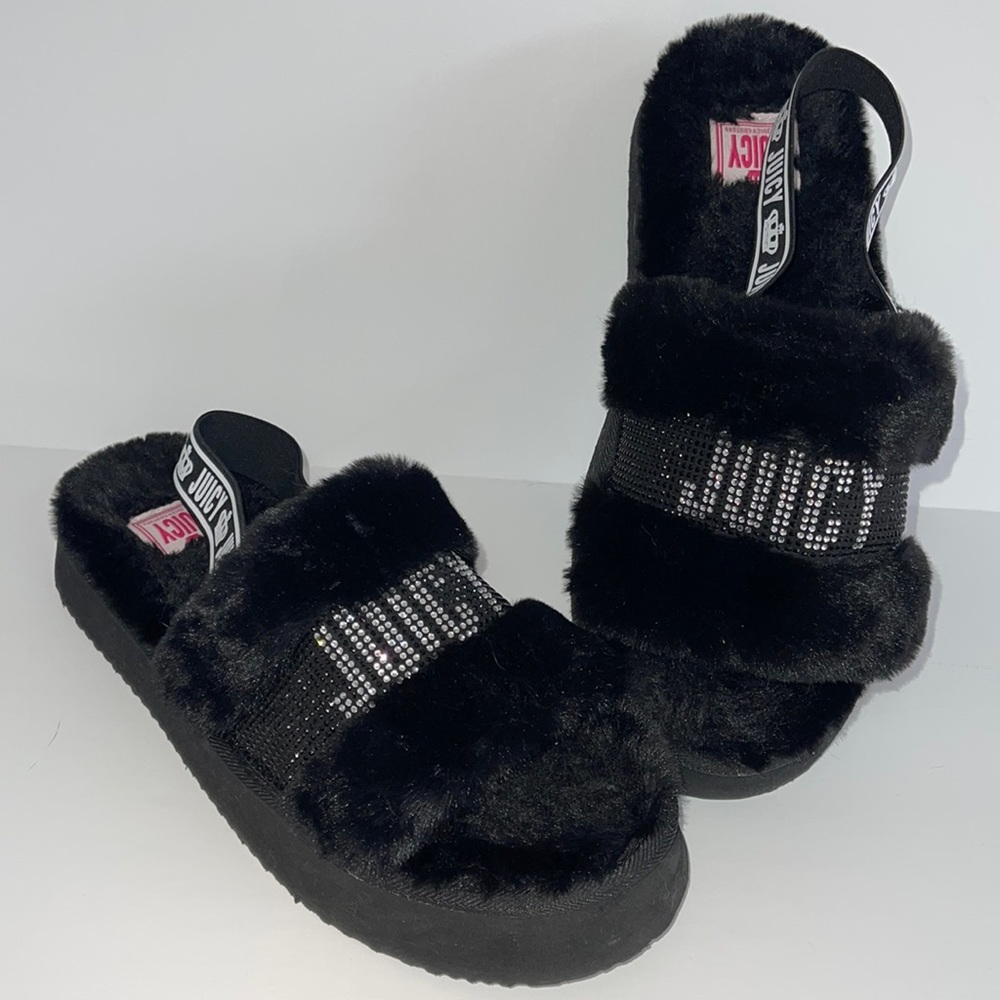 JUICY COUTURE FUZZY BLACK SLINGBACK SANDAL SLIPPERS SIZE 10